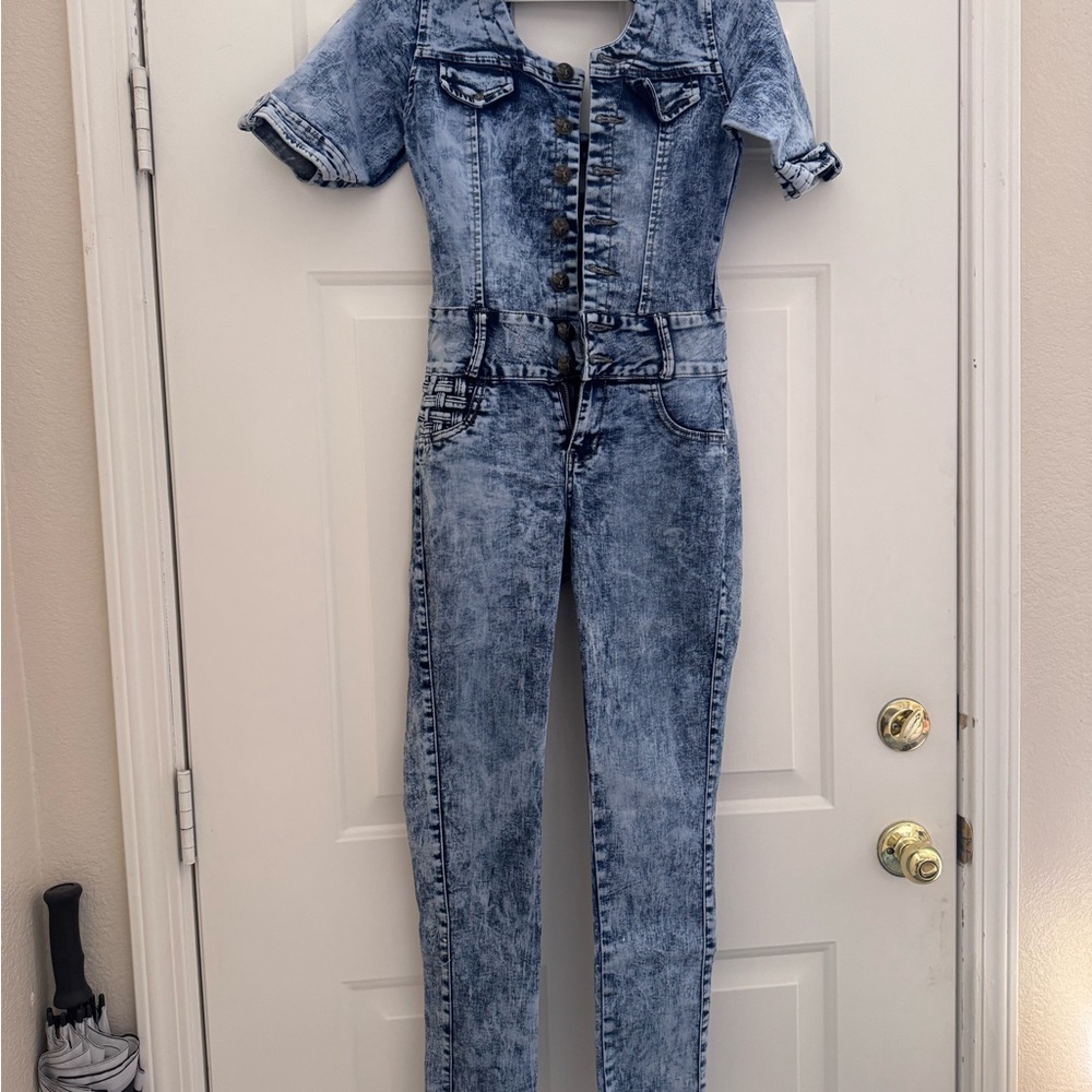 Women's Blue Denim acid wash Jean Jumpsuit size small 80s inspired one piece